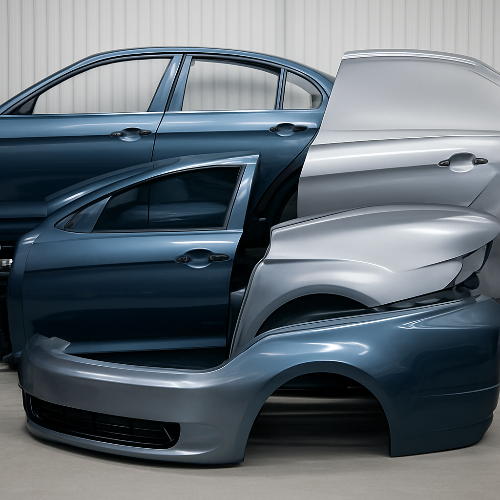 New automotive body panels — doors, fenders, hoods and bumpers stacked in a warehouse