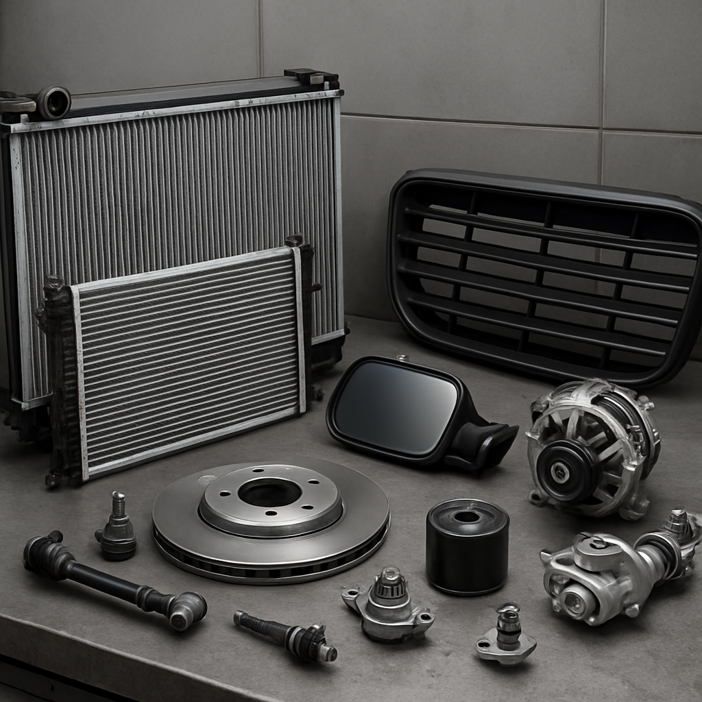 Assortment of quality replacement automotive parts — radiators, grilles, mirrors and mechanical components
