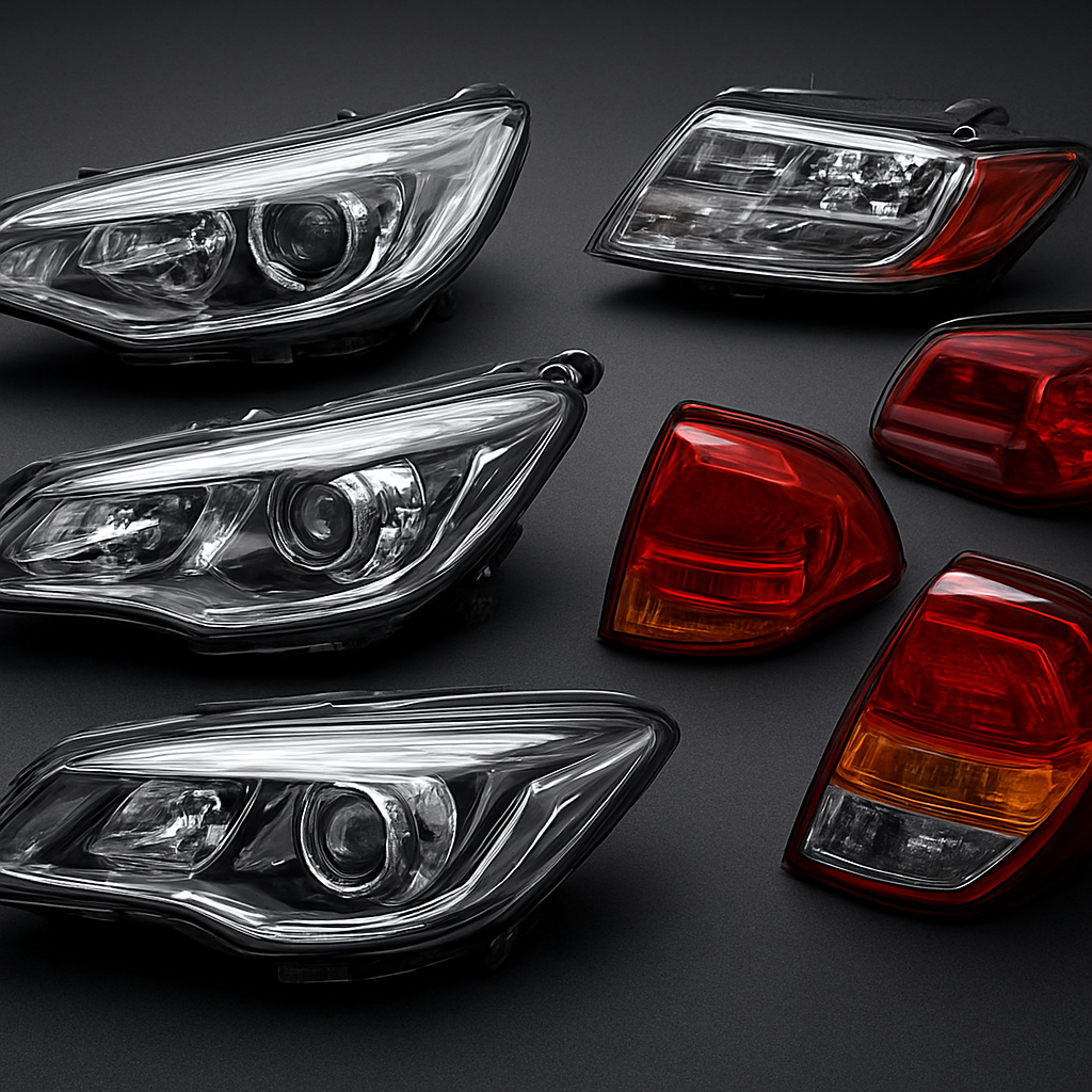 Brand new automotive headlights and tail lights with gleaming lenses arranged on a dark surface